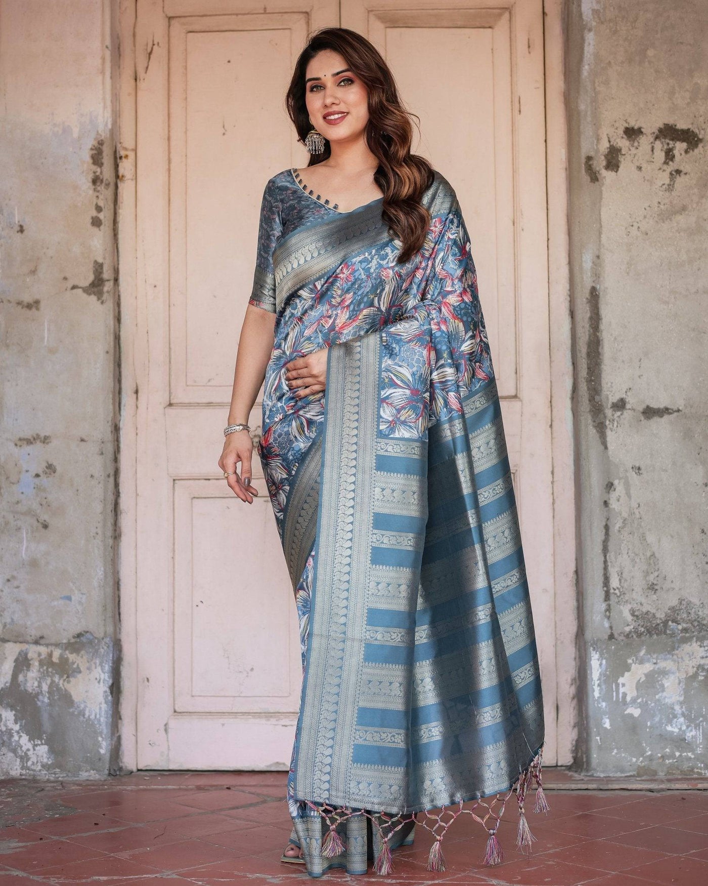 Pure Banarasi Digitally Printed Silk Saree Weaved With Zari Comes With Tassels.