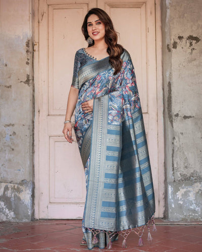 Pure Banarasi Digitally Printed Silk Saree Weaved With Zari Comes With Tassels.