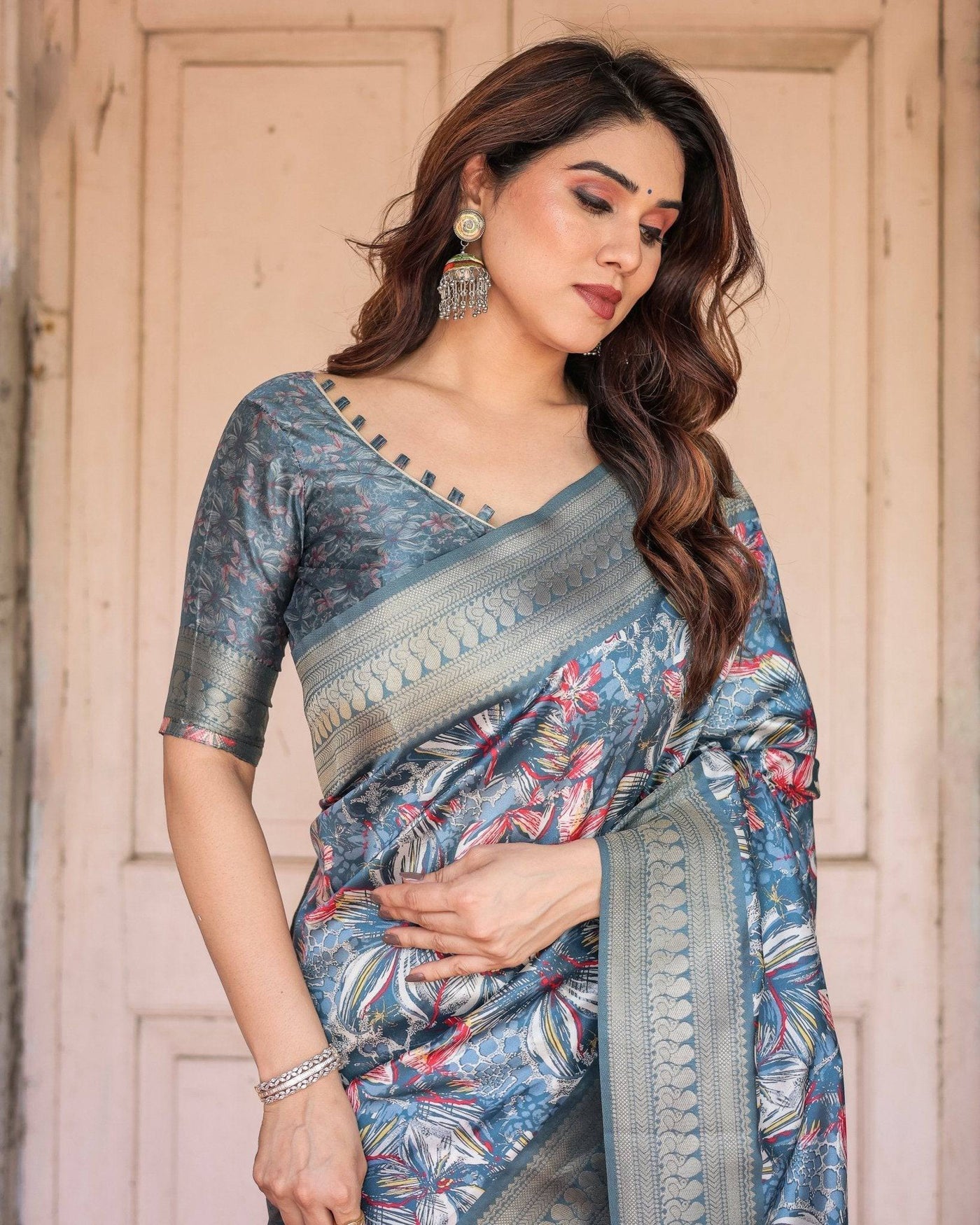 Pure Banarasi Digitally Printed Silk Saree Weaved With Zari Comes With Tassels.