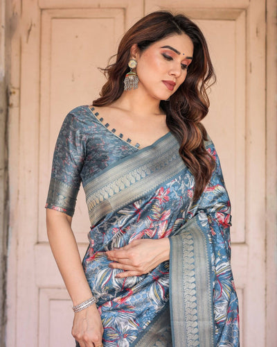 Steel Blue Banarasi Silk Saree with Tropical Floral Digital Print & Zari Border