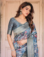 Steel Blue Banarasi Silk Saree with Tropical Floral Digital Print & Zari Border