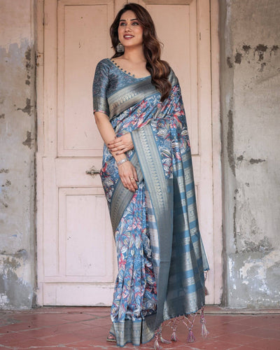 Pure Banarasi Digitally Printed Silk Saree Weaved With Zari Comes With Tassels.