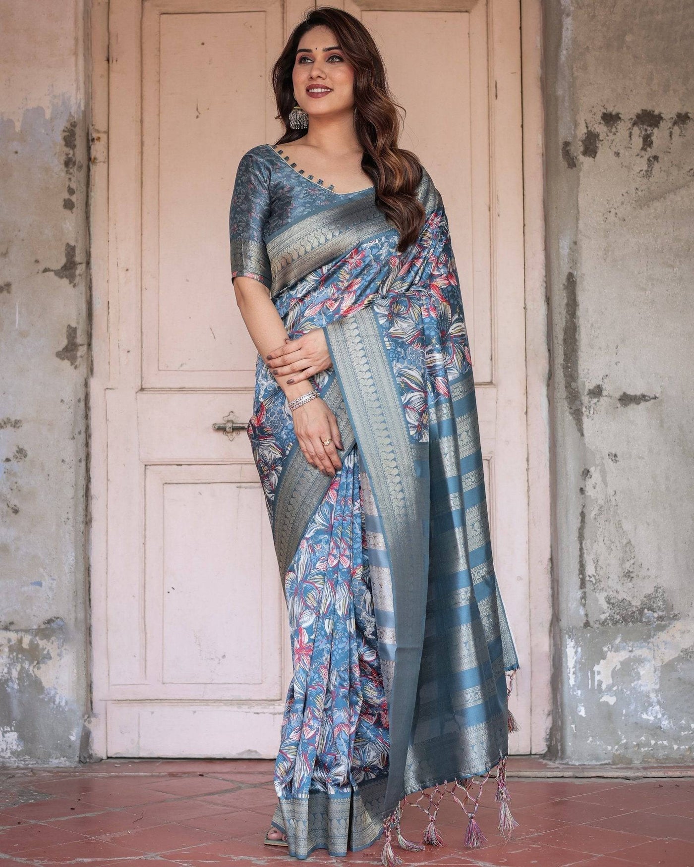 Steel Blue Banarasi Silk Saree with Tropical Floral Digital Print & Zari Border