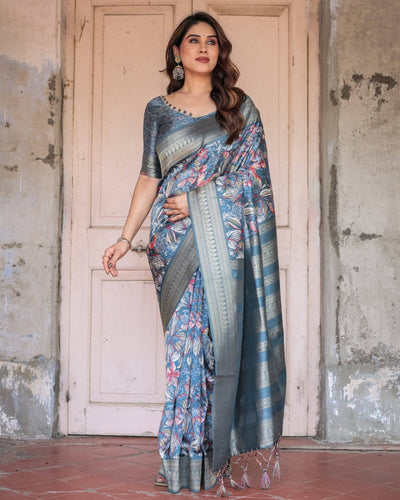 Pure Banarasi Digitally Printed Silk Saree Weaved With Zari Comes With Tassels.