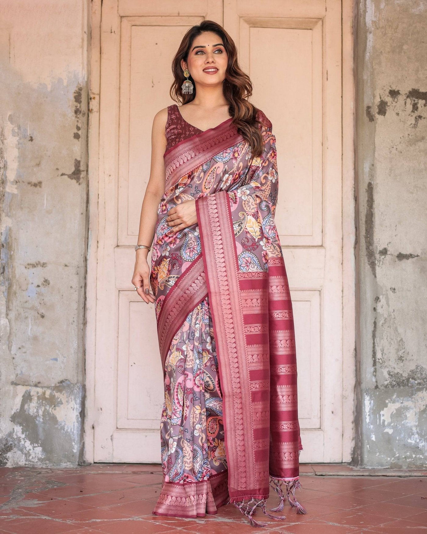 Wine Banarasi Silk Saree with Paisley and Floral Digital Print & Zari Border