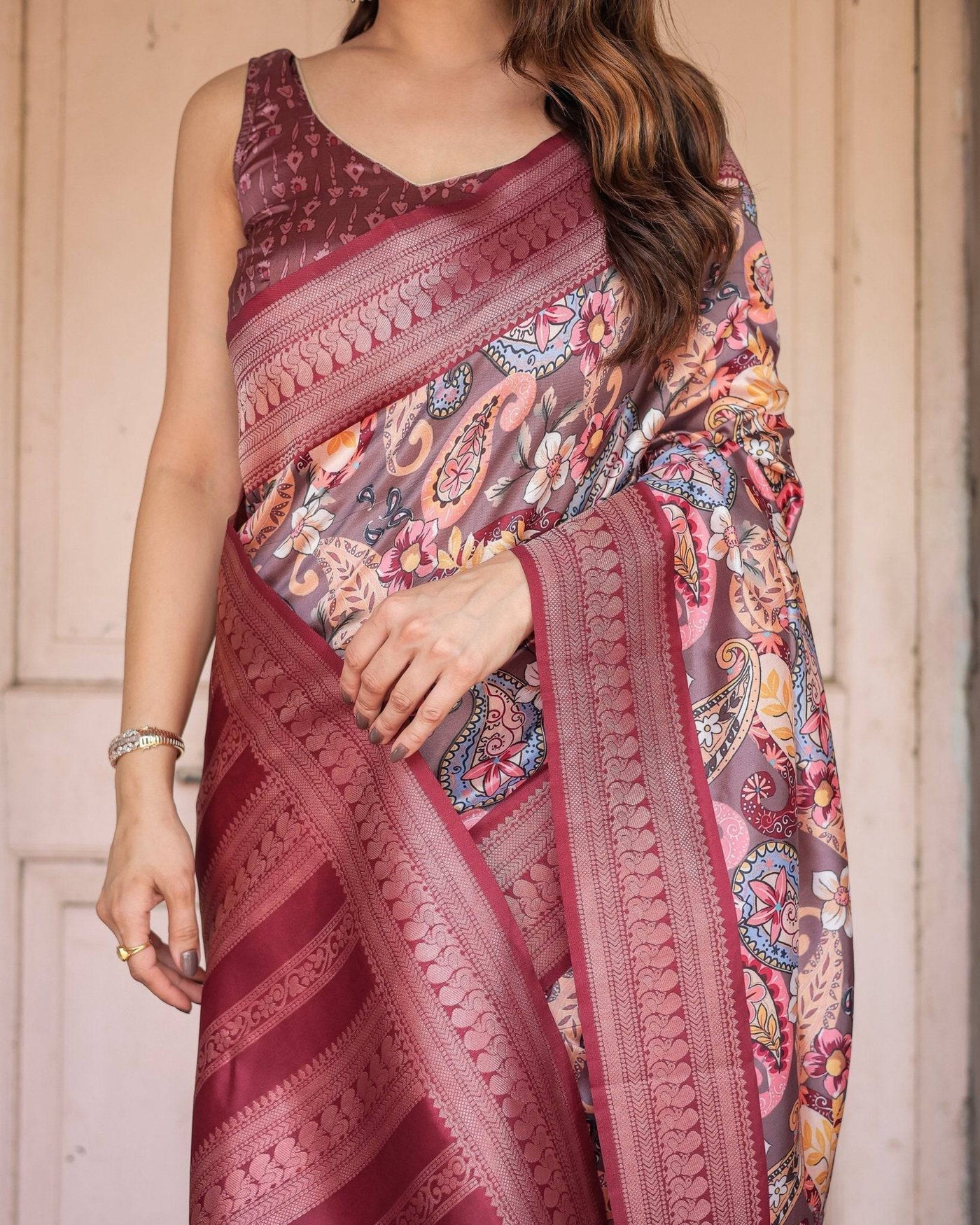 Pure Banarasi Digitally Printed Silk Saree Weaved With Zari Comes With Tassels.