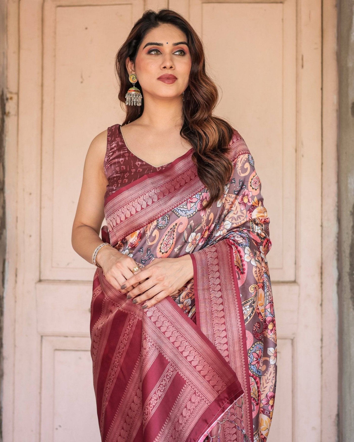 Pure Banarasi Digitally Printed Silk Saree Weaved With Zari Comes With Tassels.