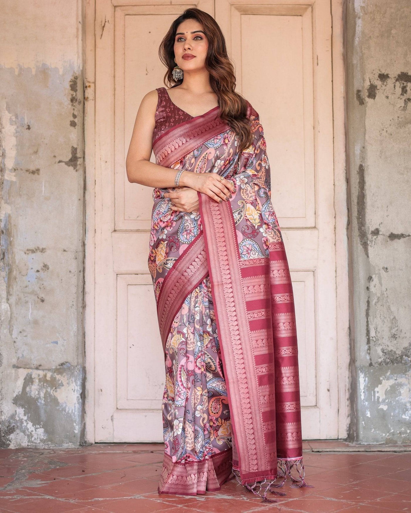 Pure Banarasi Digitally Printed Silk Saree Weaved With Zari Comes With Tassels.