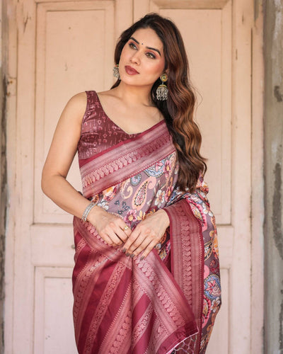 Pure Banarasi Digitally Printed Silk Saree Weaved With Zari Comes With Tassels.