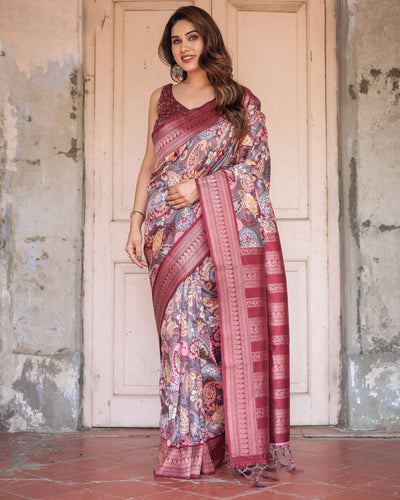 Pure Banarasi Digitally Printed Silk Saree Weaved With Zari Comes With Tassels.