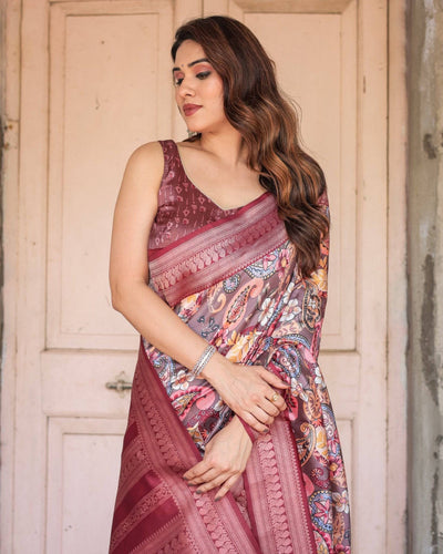 Pure Banarasi Digitally Printed Silk Saree Weaved With Zari Comes With Tassels.