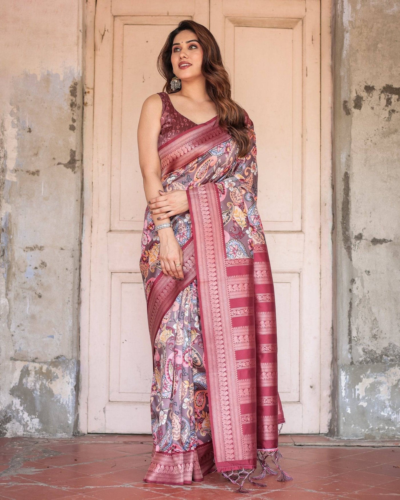 Pure Banarasi Digitally Printed Silk Saree Weaved With Zari Comes With Tassels.