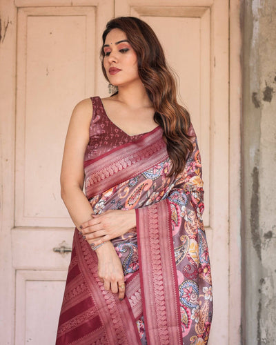 Pure Banarasi Digitally Printed Silk Saree Weaved With Zari Comes With Tassels.