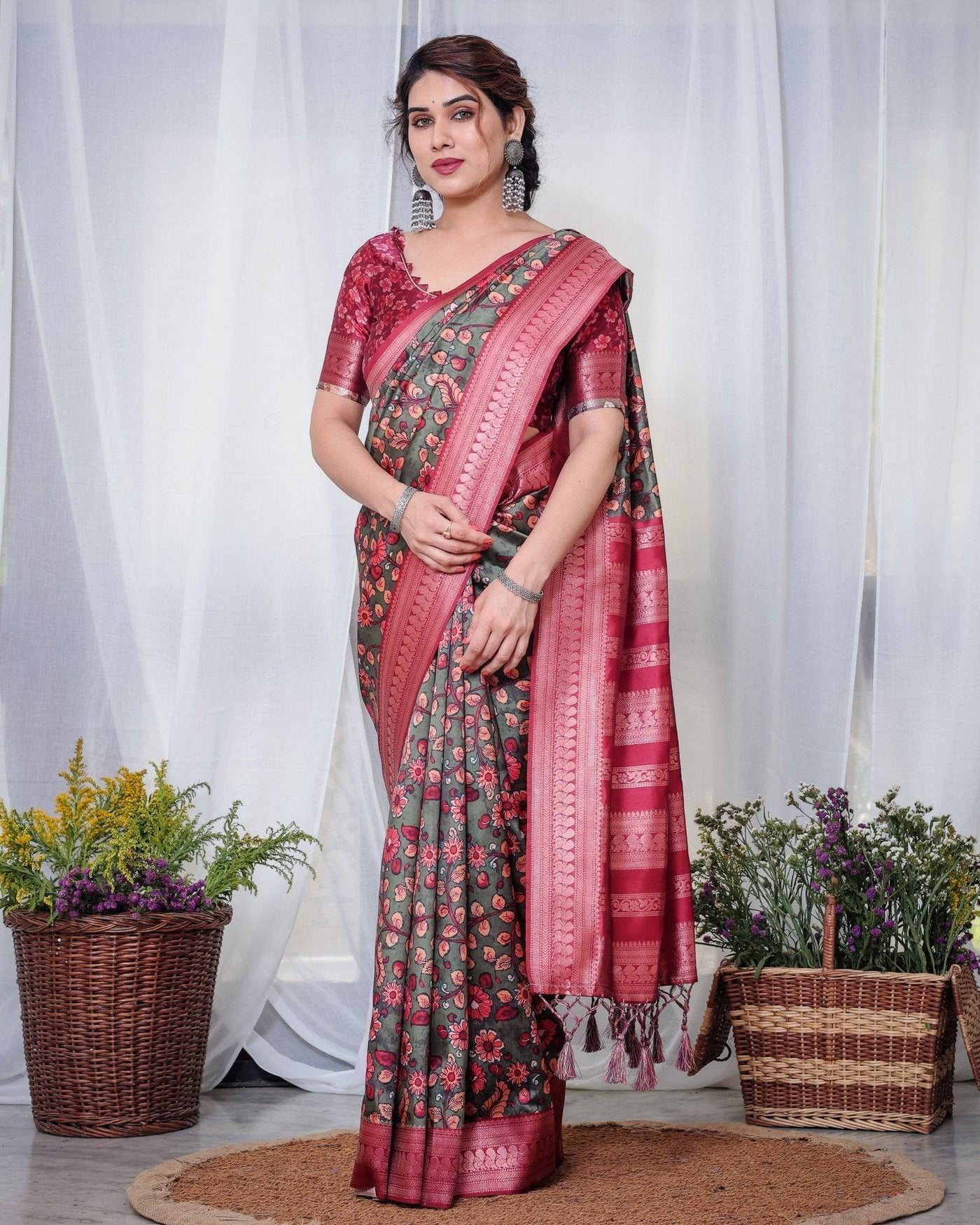 Pure Banarasi Digitally Printed Silk Saree Weaved With Zari Comes With Tassels.