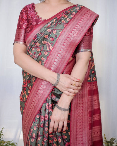 Pure Banarasi Digitally Printed Silk Saree Weaved With Zari Comes With Tassels.