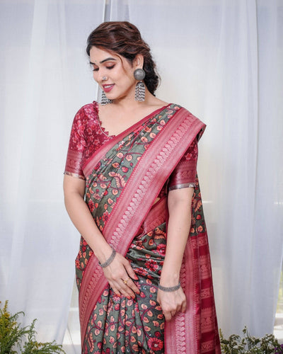 Pure Banarasi Digitally Printed Silk Saree Weaved With Zari Comes With Tassels.