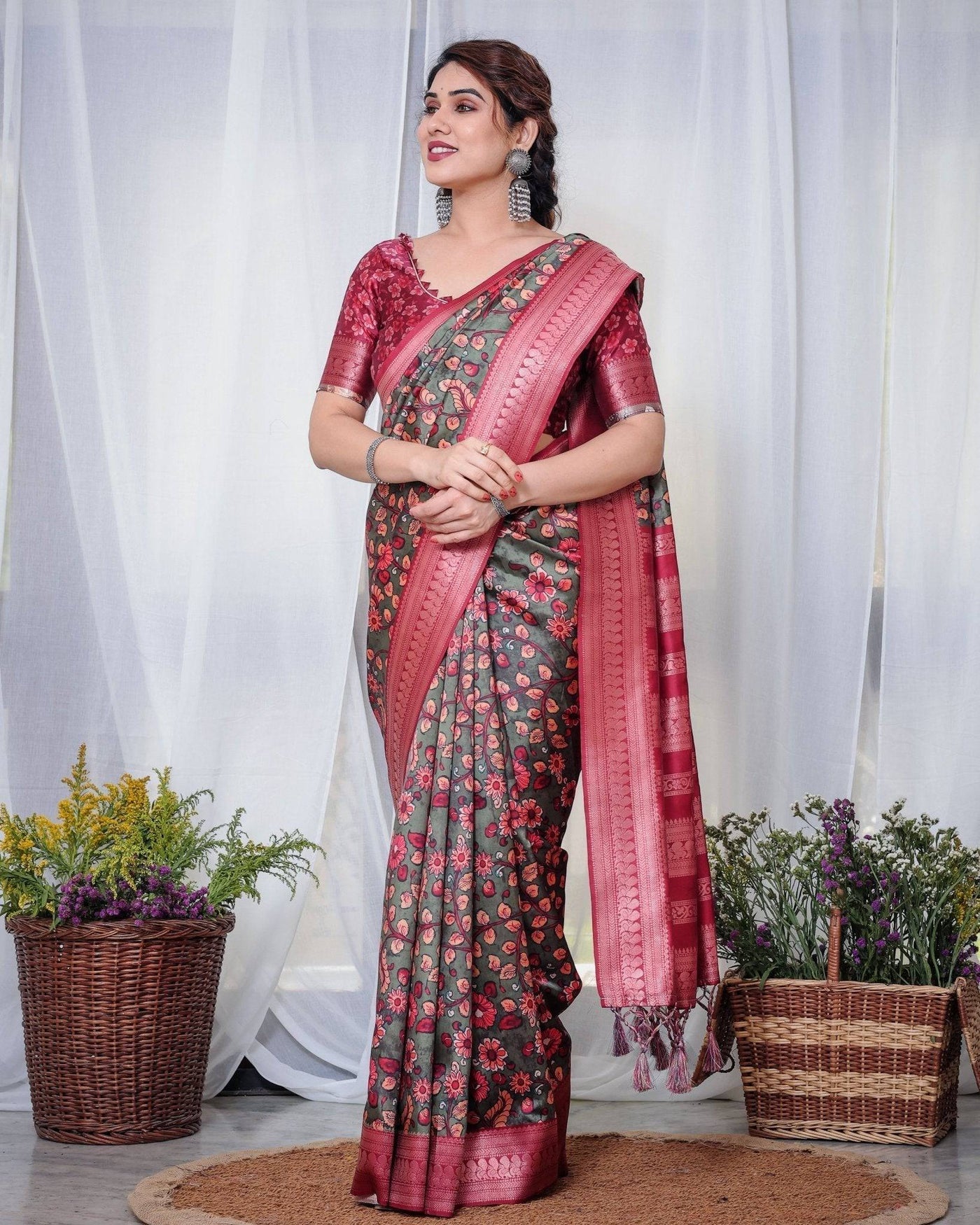 Pure Banarasi Digitally Printed Silk Saree Weaved With Zari Comes With Tassels.