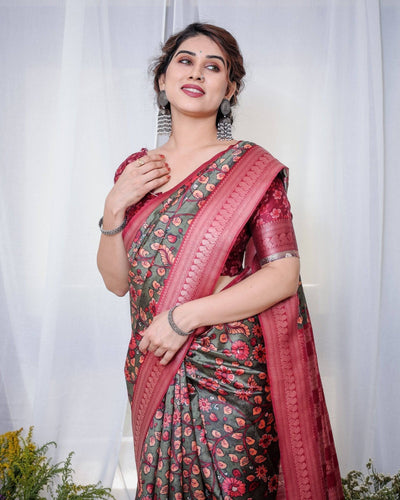 Pure Banarasi Digitally Printed Silk Saree Weaved With Zari Comes With Tassels.