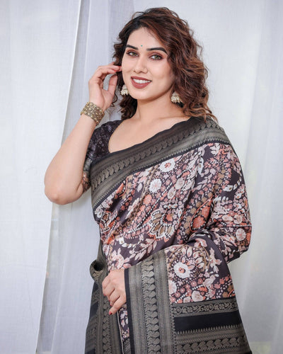 Pure Banarasi Digitally Printed Silk Saree Weaved With Zari Comes With Tassels.