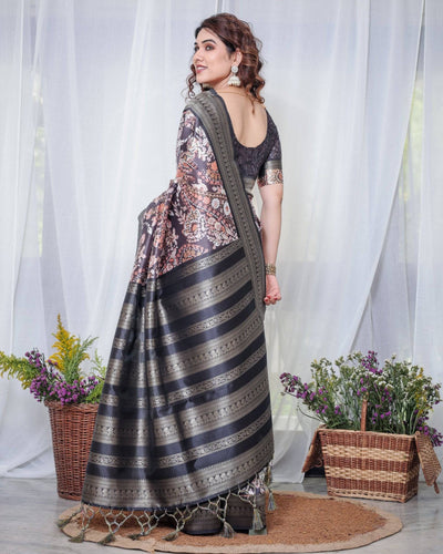 Pure Banarasi Digitally Printed Silk Saree Weaved With Zari Comes With Tassels.