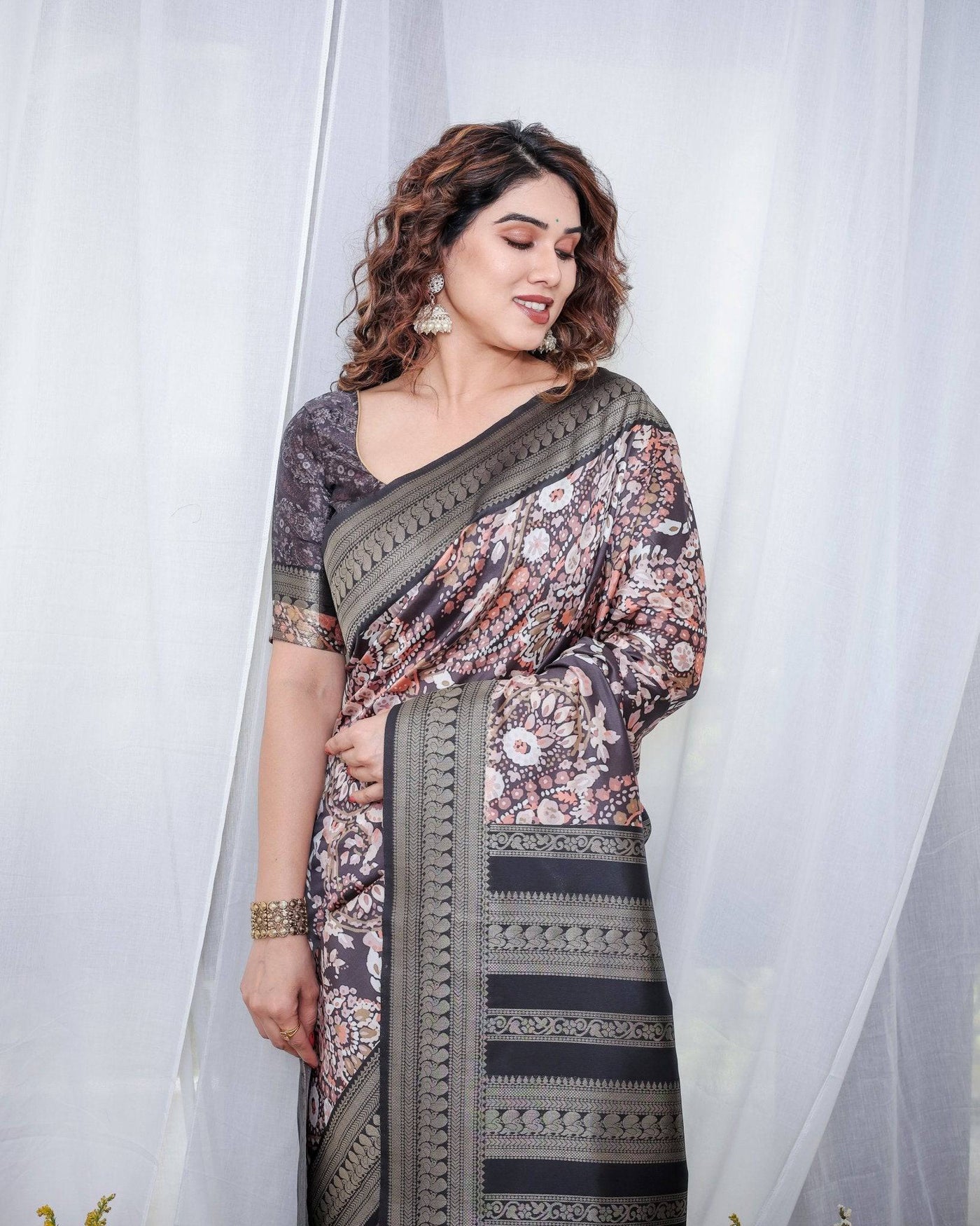 Pure Banarasi Digitally Printed Silk Saree Weaved With Zari Comes With Tassels.