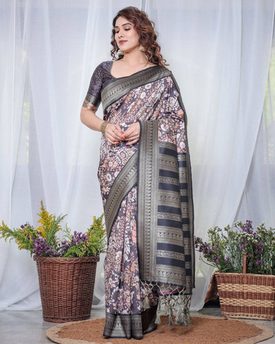 Pure Banarasi Digitally Printed Silk Saree Weaved With Zari Comes With Tassels.