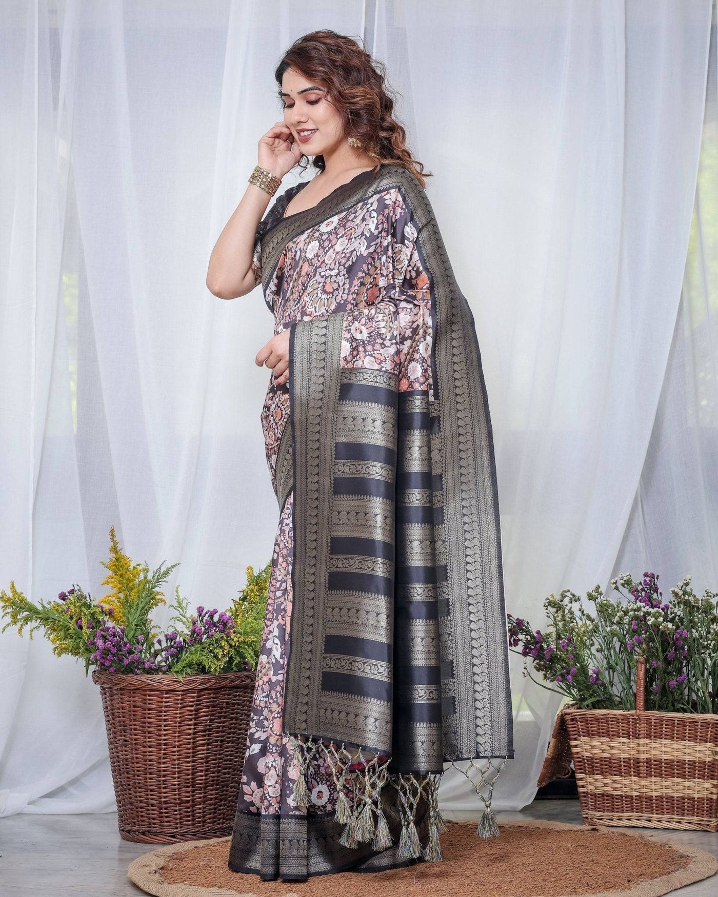 Pure Banarasi Digitally Printed Silk Saree Weaved With Zari Comes With Tassels.