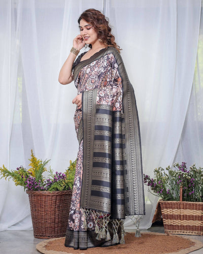 Exquisite Black and Pink Floral Banarasi Silk Saree with Intricate Tassels