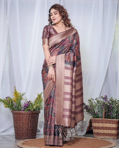 Chocolate Brown Banarasi Silk Saree with Tribal Digital Print, Zari Border & Tassel Pallu