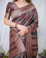 Chocolate Brown Banarasi Silk Saree with Tribal Digital Print, Zari Border & Tassel Pallu