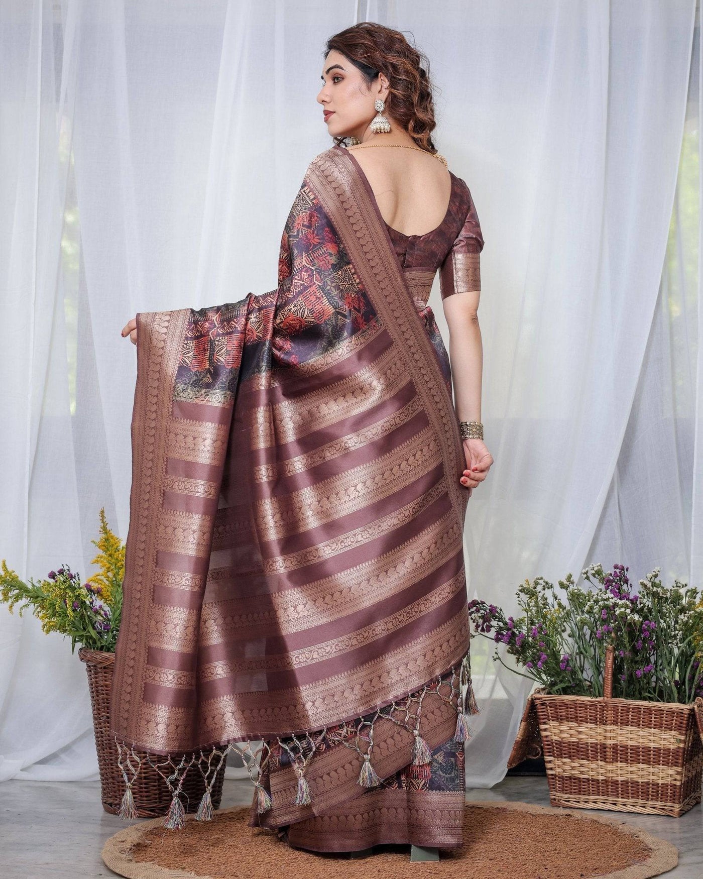 Pure Banarasi Digitally Printed Silk Saree Weaved With Zari Comes With Tassels.