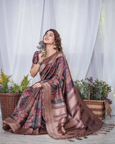 Pure Banarasi Digitally Printed Silk Saree Weaved With Zari Comes With Tassels.