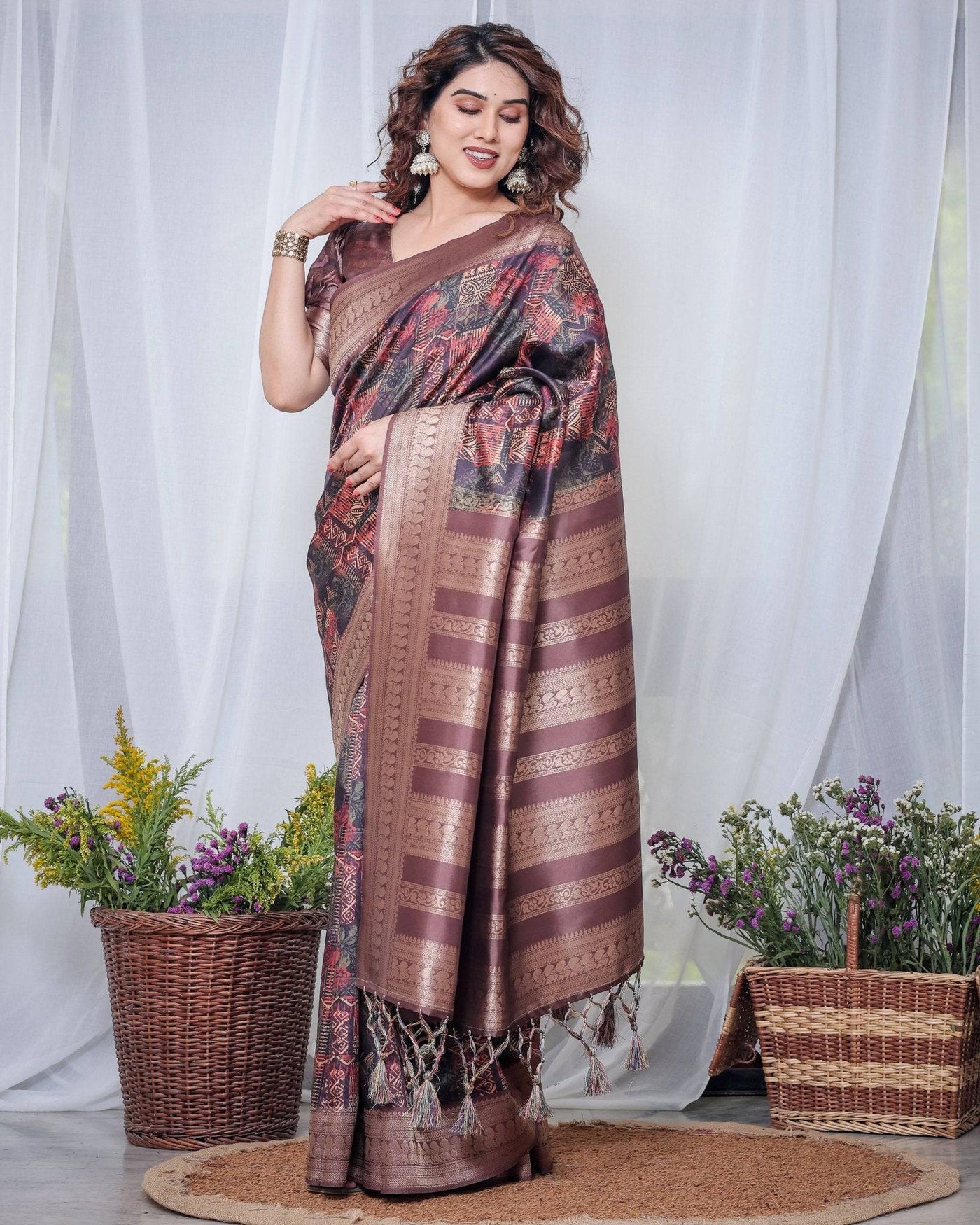 Chocolate Brown Banarasi Silk Saree with Tribal Digital Print, Zari Border & Tassel Pallu