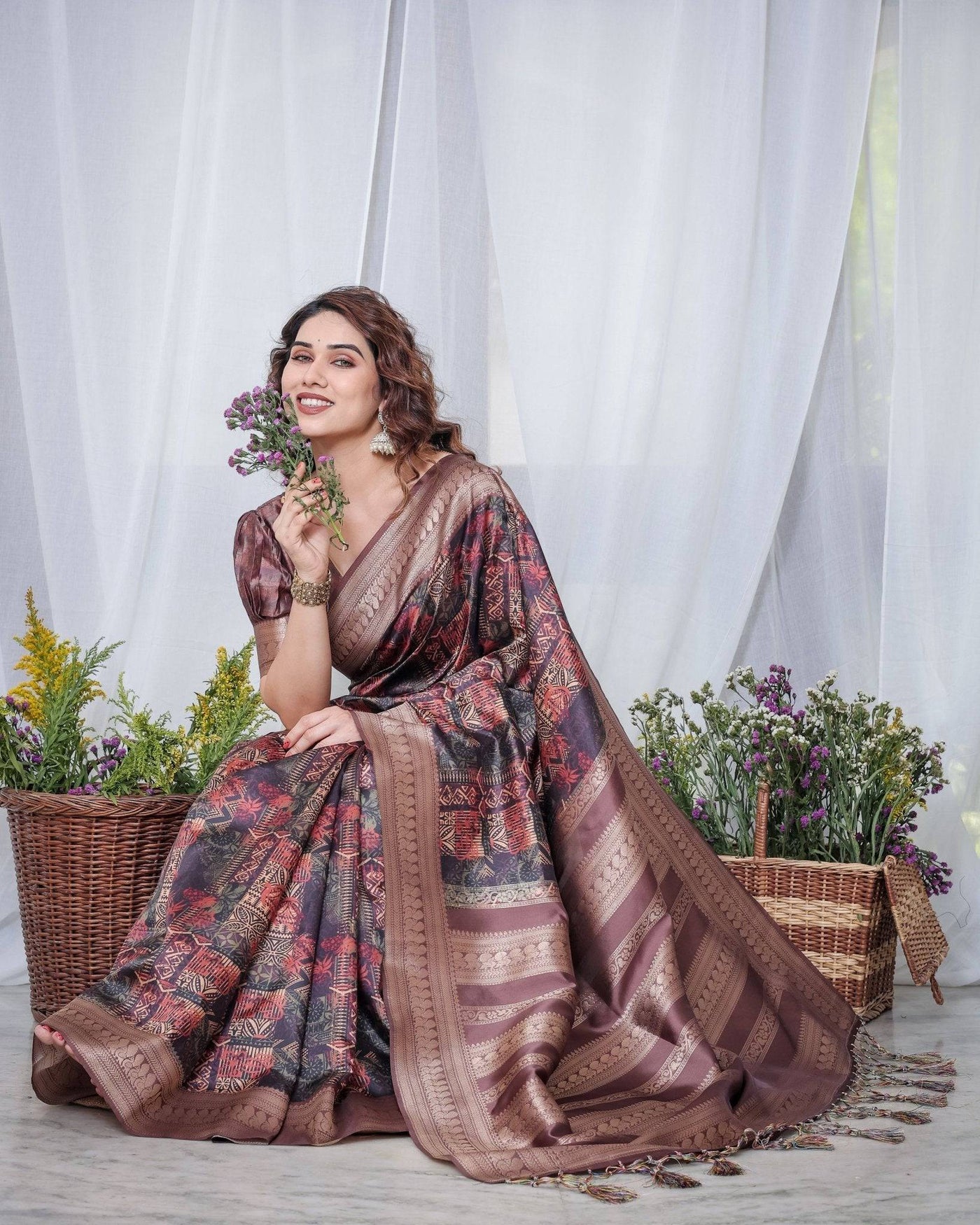 Pure Banarasi Digitally Printed Silk Saree Weaved With Zari Comes With Tassels.