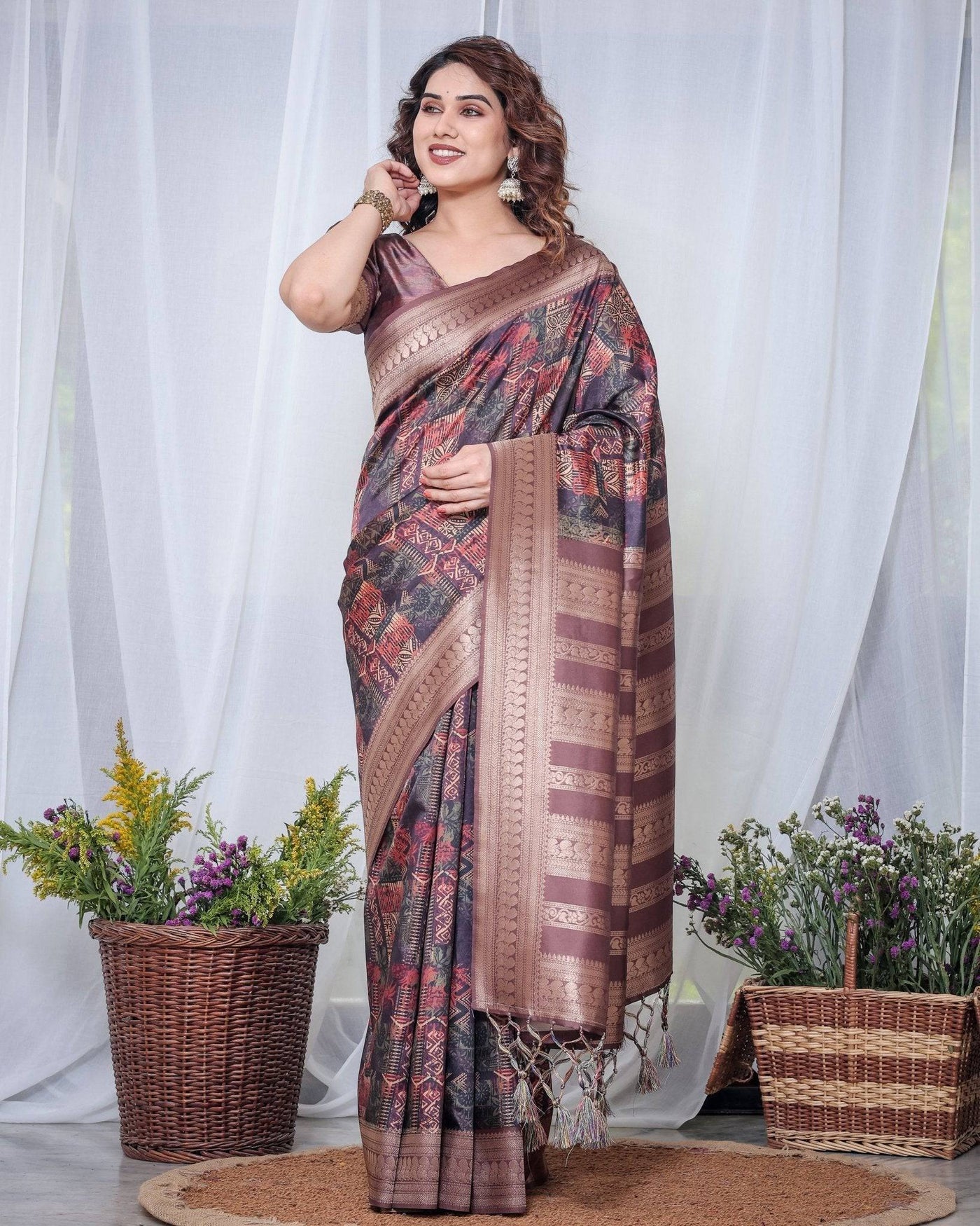 Pure Banarasi Digitally Printed Silk Saree Weaved With Zari Comes With Tassels.