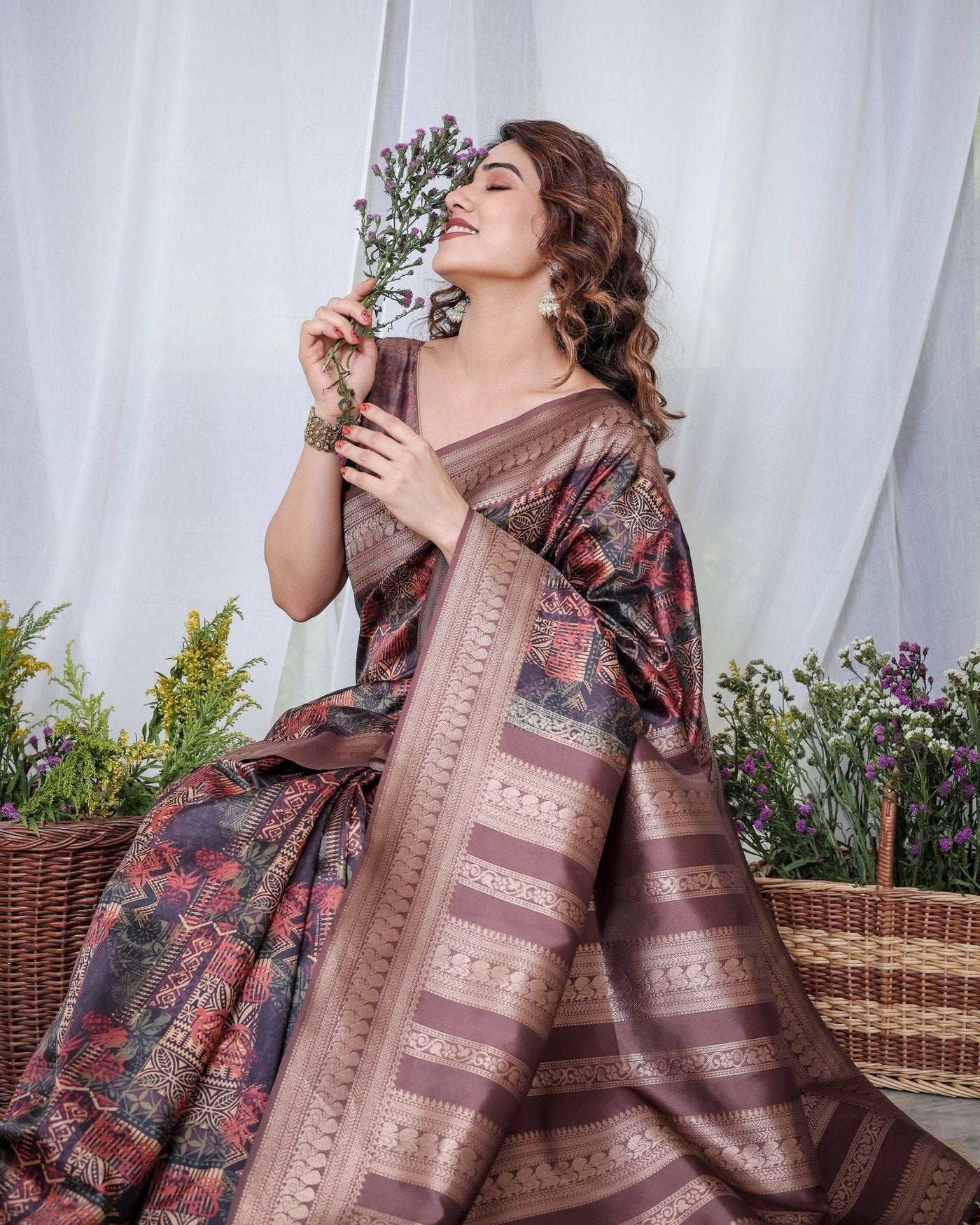 Pure Banarasi Digitally Printed Silk Saree Weaved With Zari Comes With Tassels.