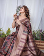 Chocolate Brown Banarasi Silk Saree with Tribal Digital Print, Zari Border & Tassel Pallu