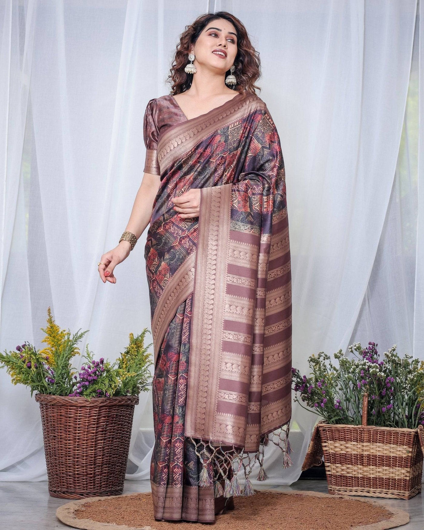 Pure Banarasi Digitally Printed Silk Saree Weaved With Zari Comes With Tassels.