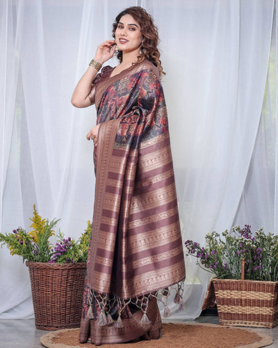 Chocolate Brown Banarasi Silk Saree with Tribal Digital Print, Zari Border & Tassel Pallu