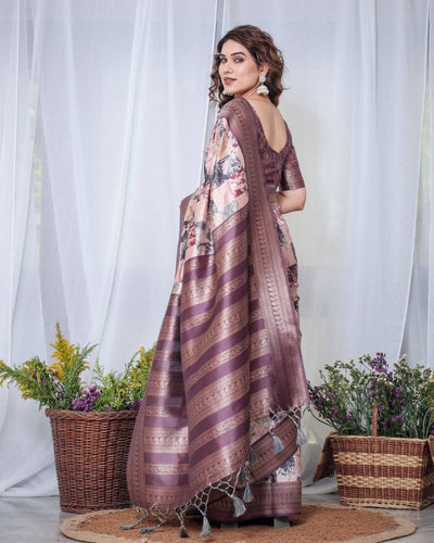 Pure Banarasi Digitally Printed Silk Saree Weaved With Zari Comes With Tassels.