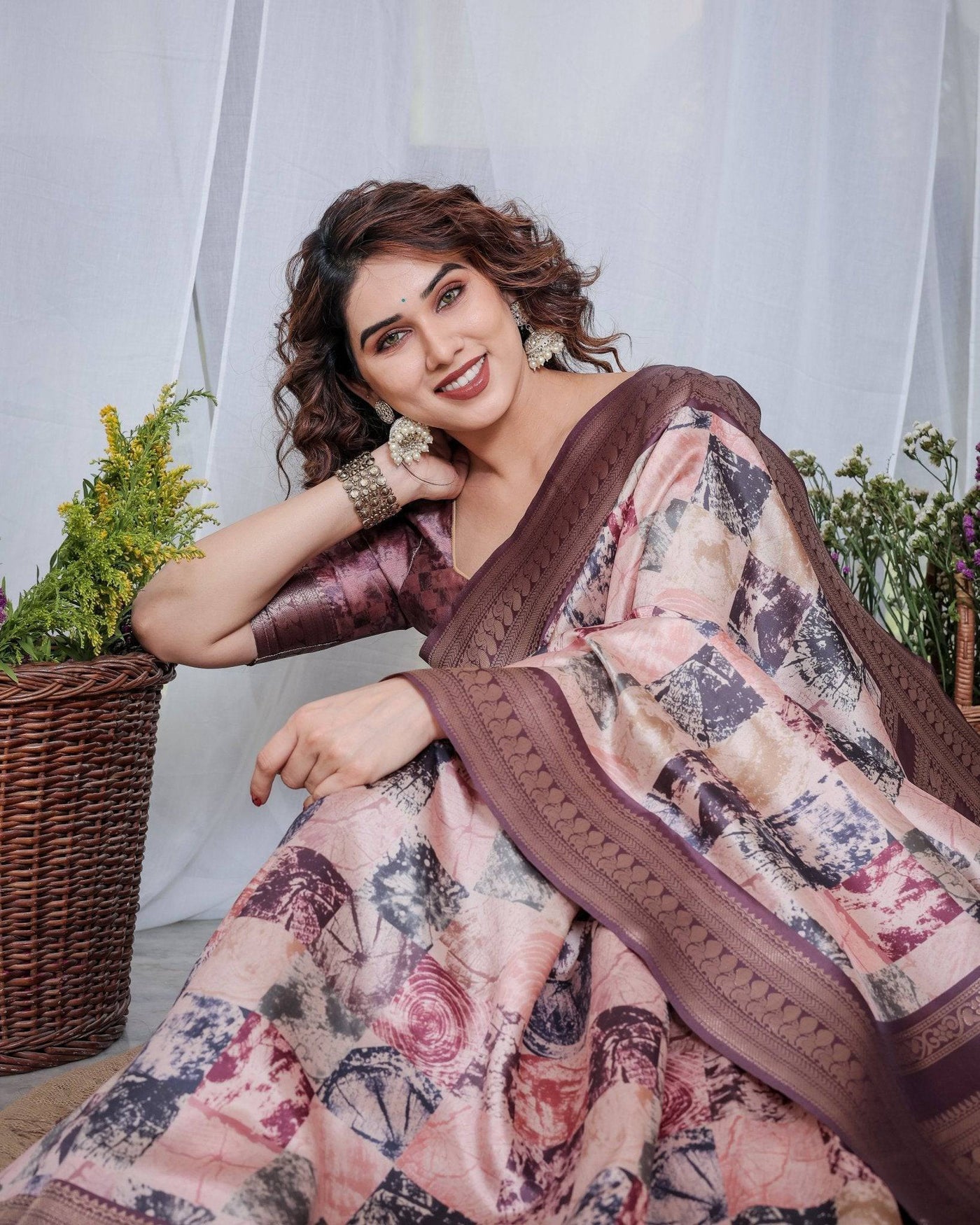 Pure Banarasi Digitally Printed Silk Saree Weaved With Zari Comes With Tassels.