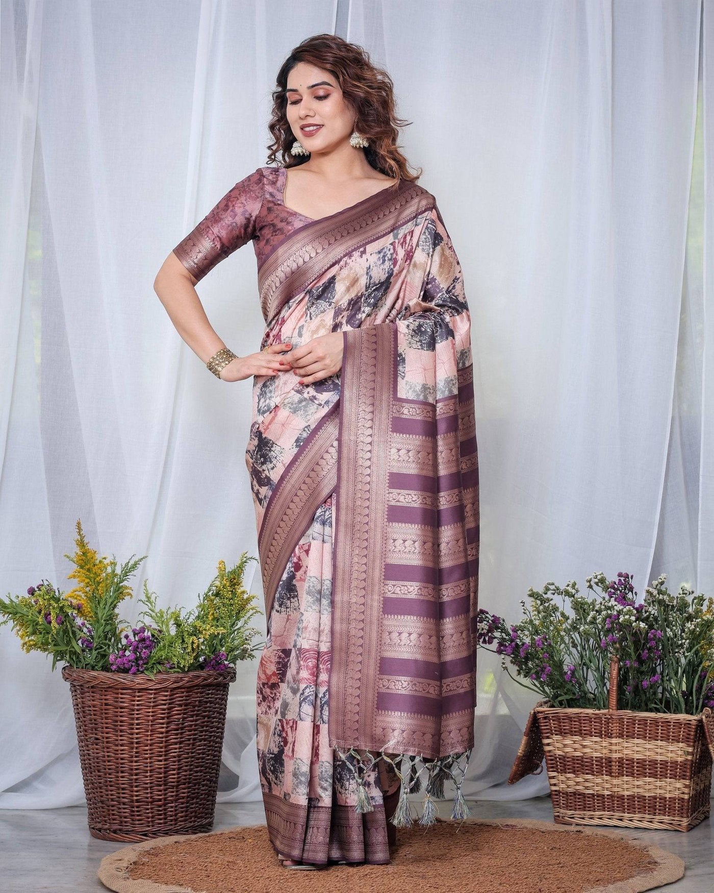 Pure Banarasi Digitally Printed Silk Saree Weaved With Zari Comes With Tassels.