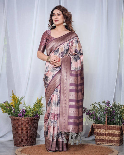 Pure Banarasi Digitally Printed Silk Saree Weaved With Zari Comes With Tassels.