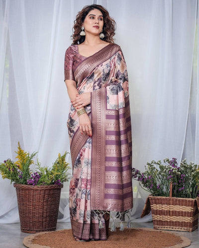 Pure Banarasi Digitally Printed Silk Saree Weaved With Zari Comes With Tassels.