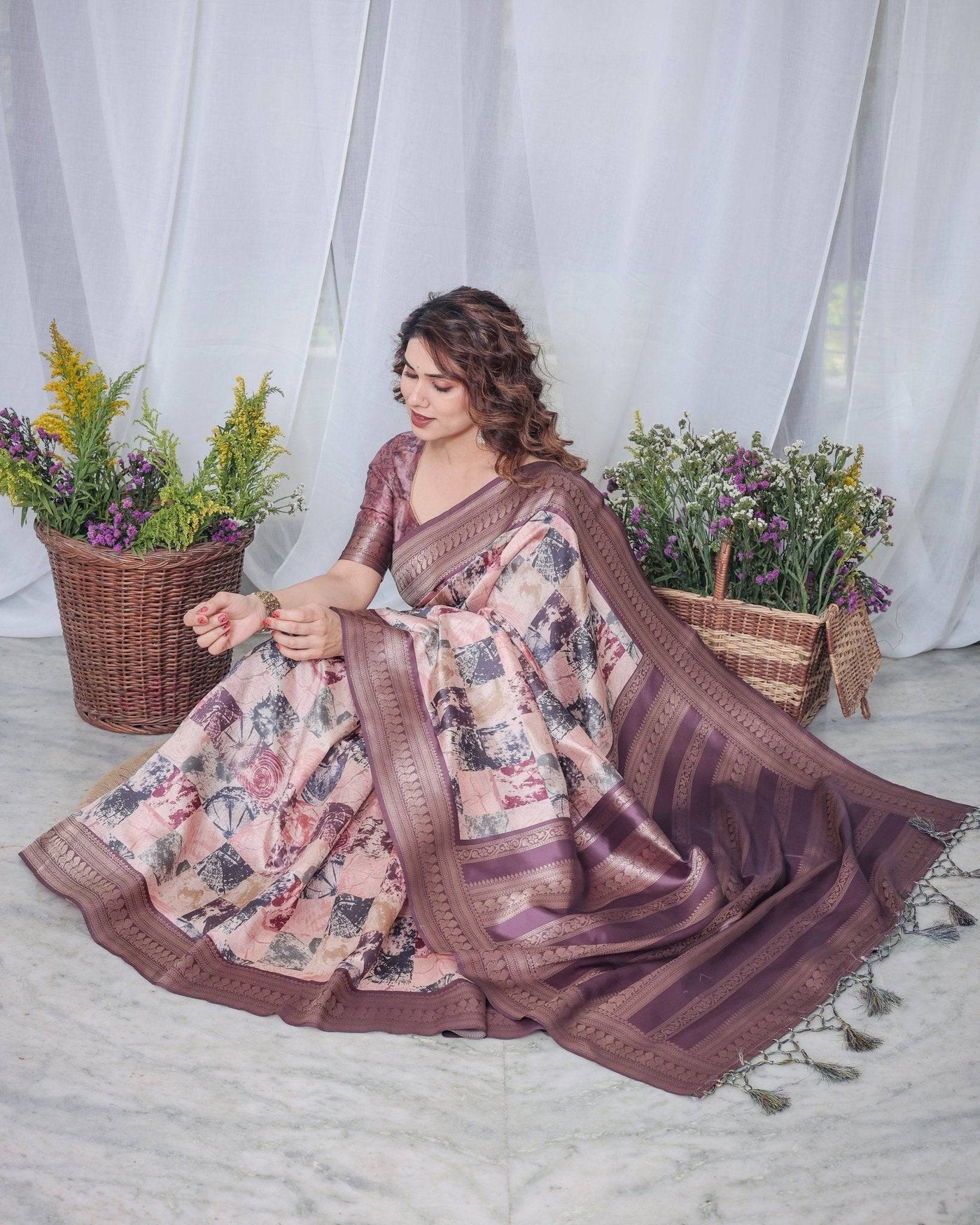 Pure Banarasi Digitally Printed Silk Saree Weaved With Zari Comes With Tassels.