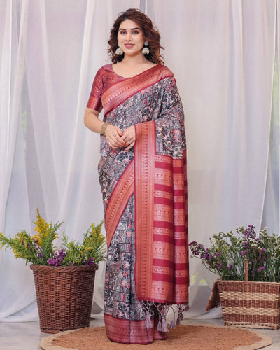 Pure Banarasi Digitally Printed Silk Saree Weaved With Zari Comes With Tassels.