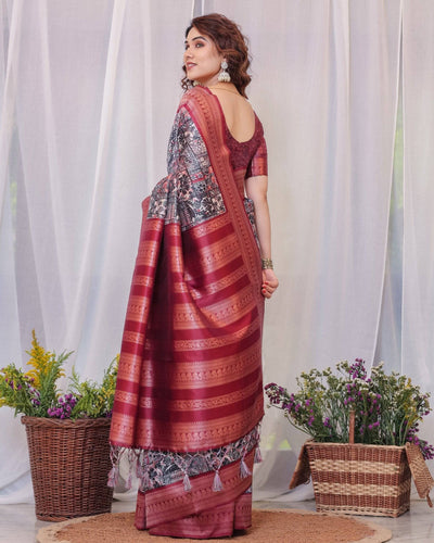 Pure Banarasi Digitally Printed Silk Saree Weaved With Zari Comes With Tassels.