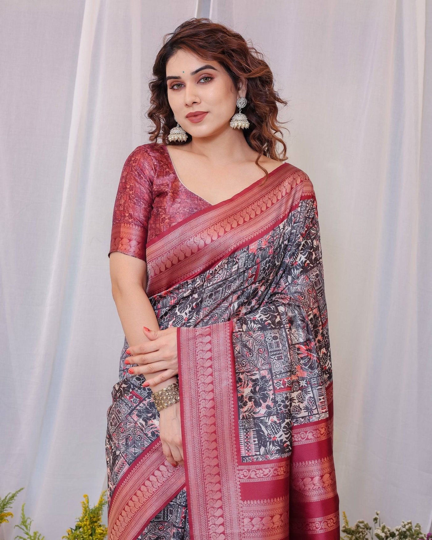 Pure Banarasi Digitally Printed Silk Saree Weaved With Zari Comes With Tassels.