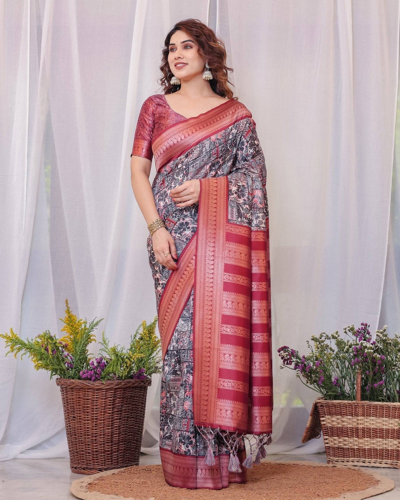 Pure Banarasi Digitally Printed Silk Saree Weaved With Zari Comes With Tassels.