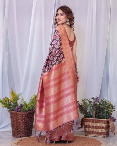 Pure Banarasi Digitally Printed Silk Saree Weaved With Zari Comes With Tassels.